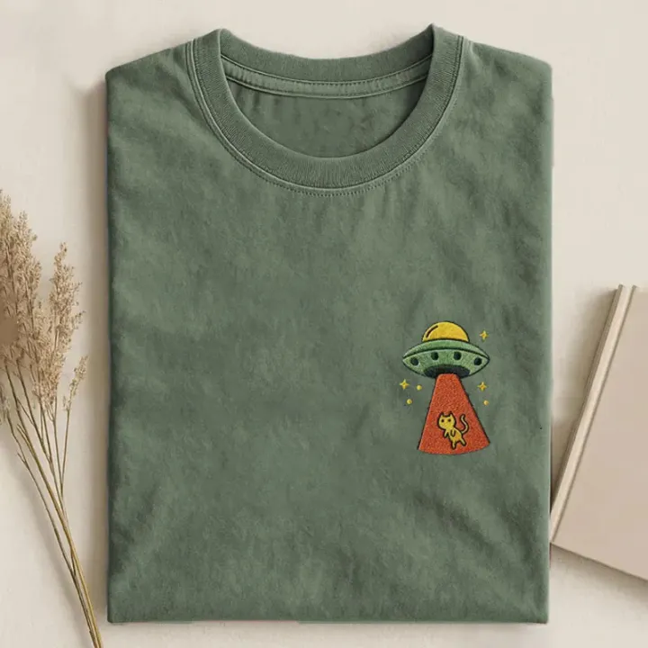 Funny UFO Cat Embroidered T-shirt