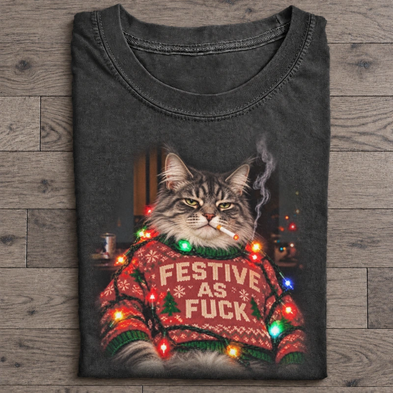 Festive As Fuck Maine Coon Graphic T-Shirt on a washed-black T-shirt