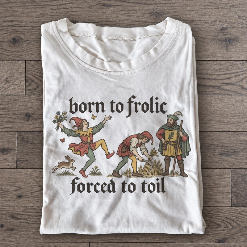 Born to Frolic Medieval Graphic T-Shirt on a white T-shirt