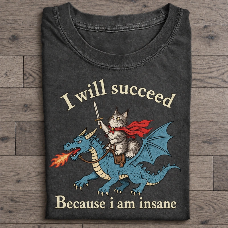 I Will Succeed Dragon Rider Cat Graphic T-Shirt on a washed-black T-shirt