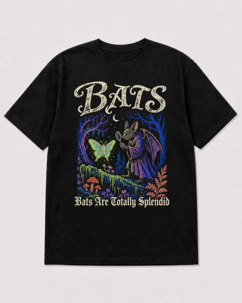 Black graphic T-shirt with bats in a blue-and-purple night forest and Bats Are Totally Splendid text.