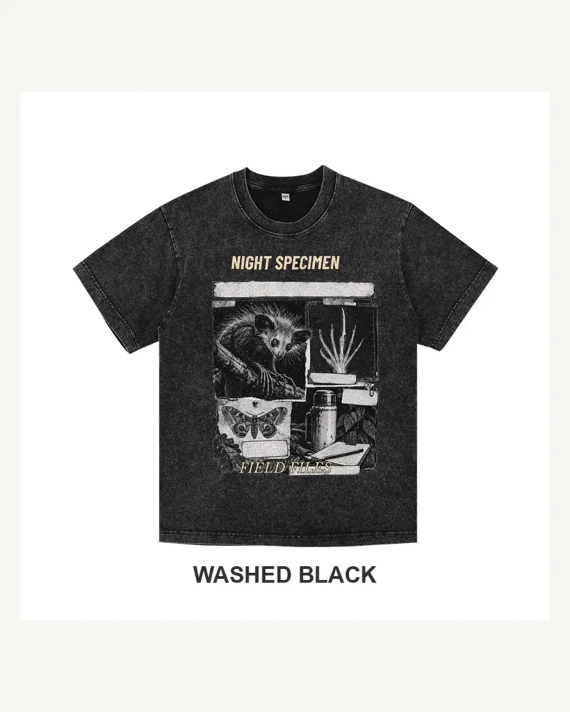 Complete washed black T-shirt featuring Aye-Aye Night Specimen Files artwork