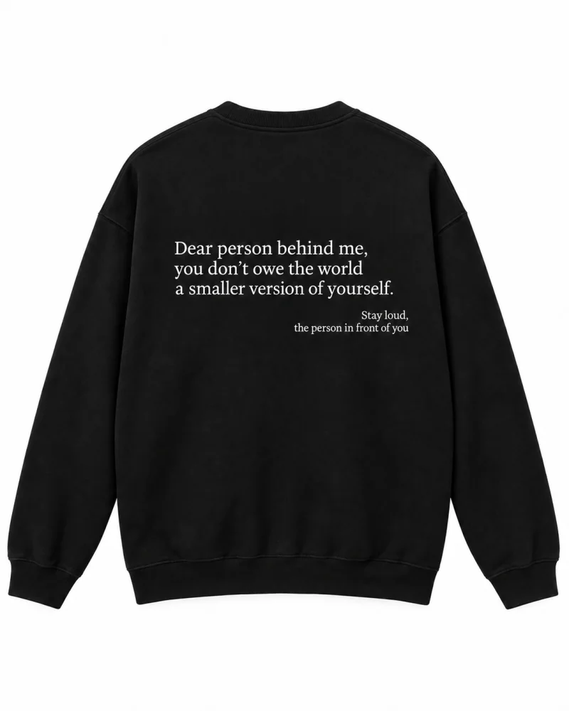Black crewneck sweatshirt with white typography back print