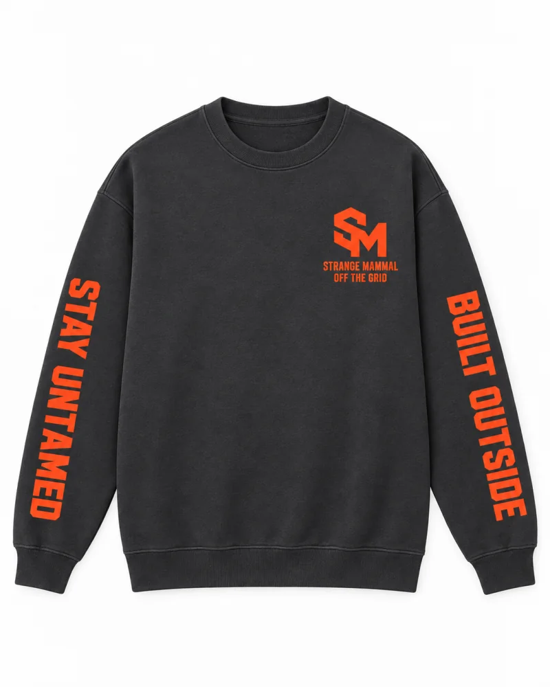 Charcoal crewneck sweatshirt with orange chest and sleeve flat print