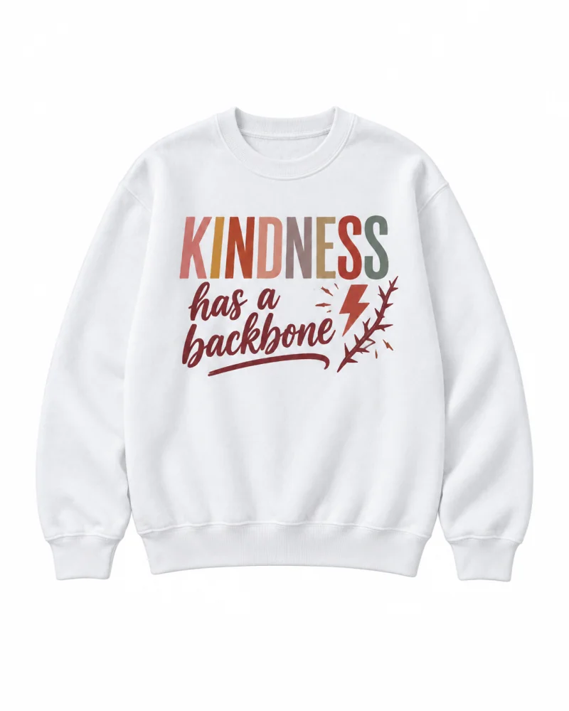 White crewneck sweatshirt with kindness lettering front print