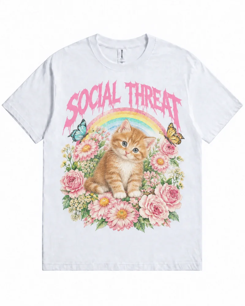 White T-shirt with cute kitten and floral rainbow front print