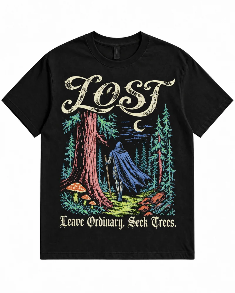 Black T-shirt with colorful forest and lettering front print