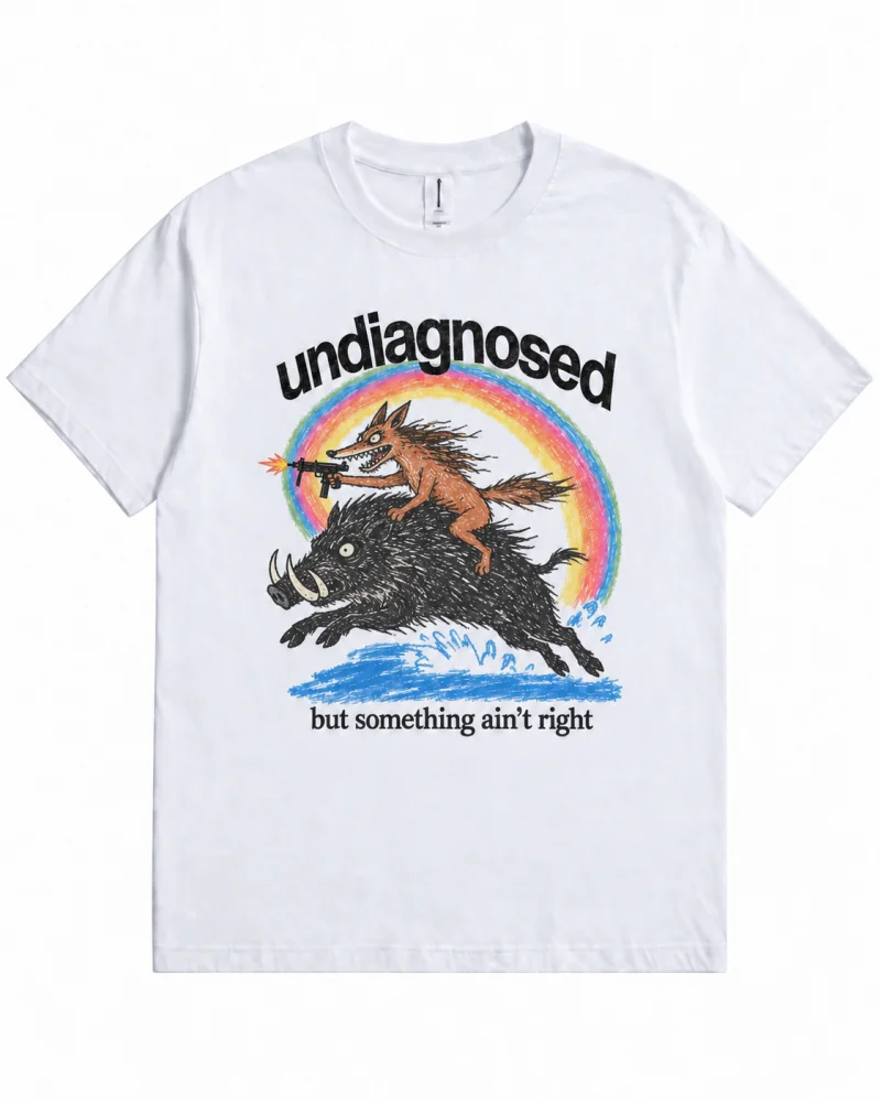 White T-shirt with coyote and wild boar rainbow front print