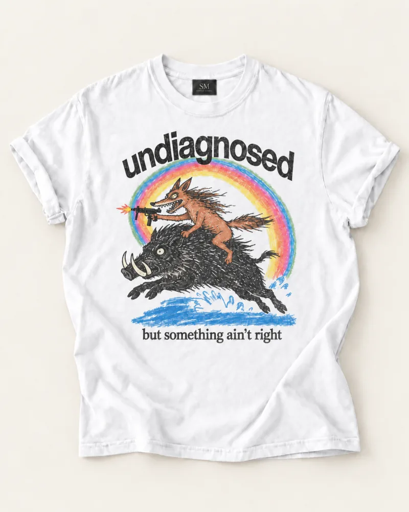 White T-shirt with coyote and wild boar rainbow front print