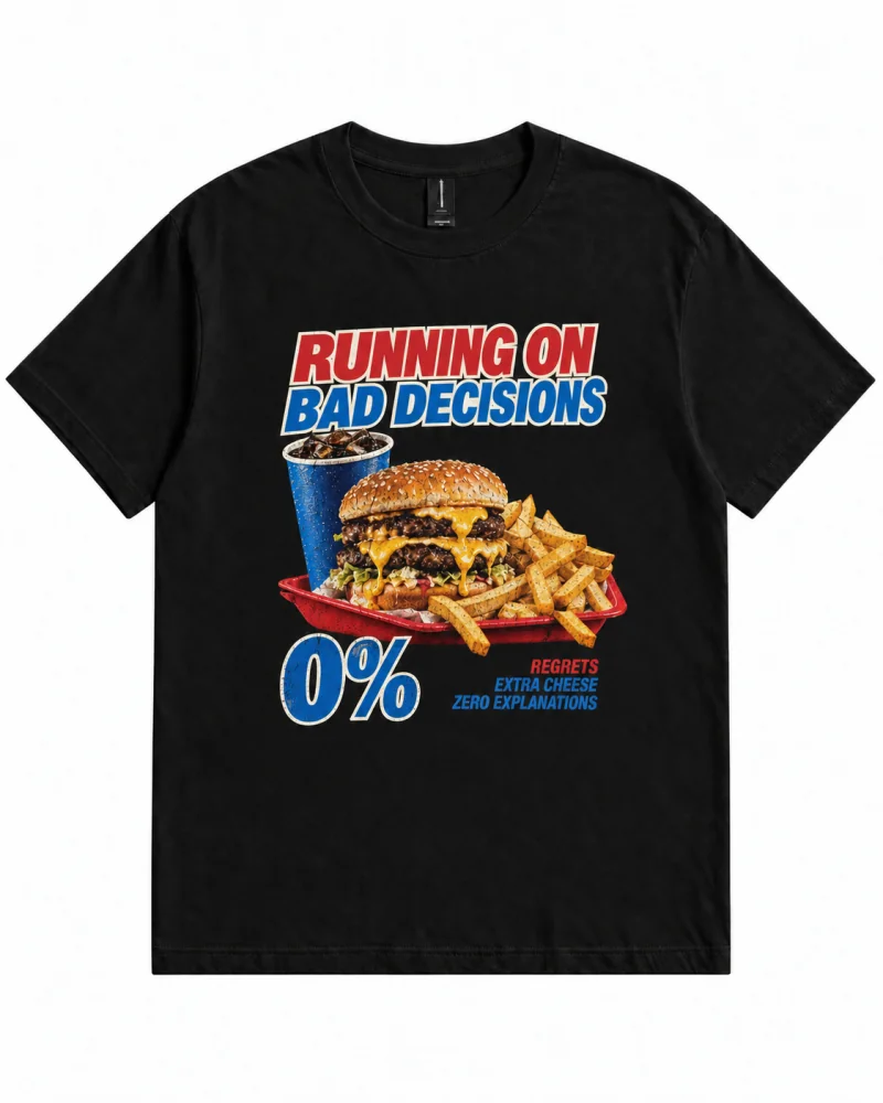 Black T-shirt with compact burger and lettering front print