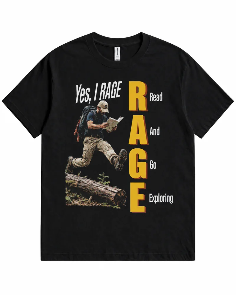 Black T-shirt with hiker and rage acronym front print