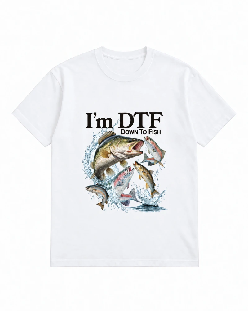 White cotton T-shirt with five-fish and lettering front print