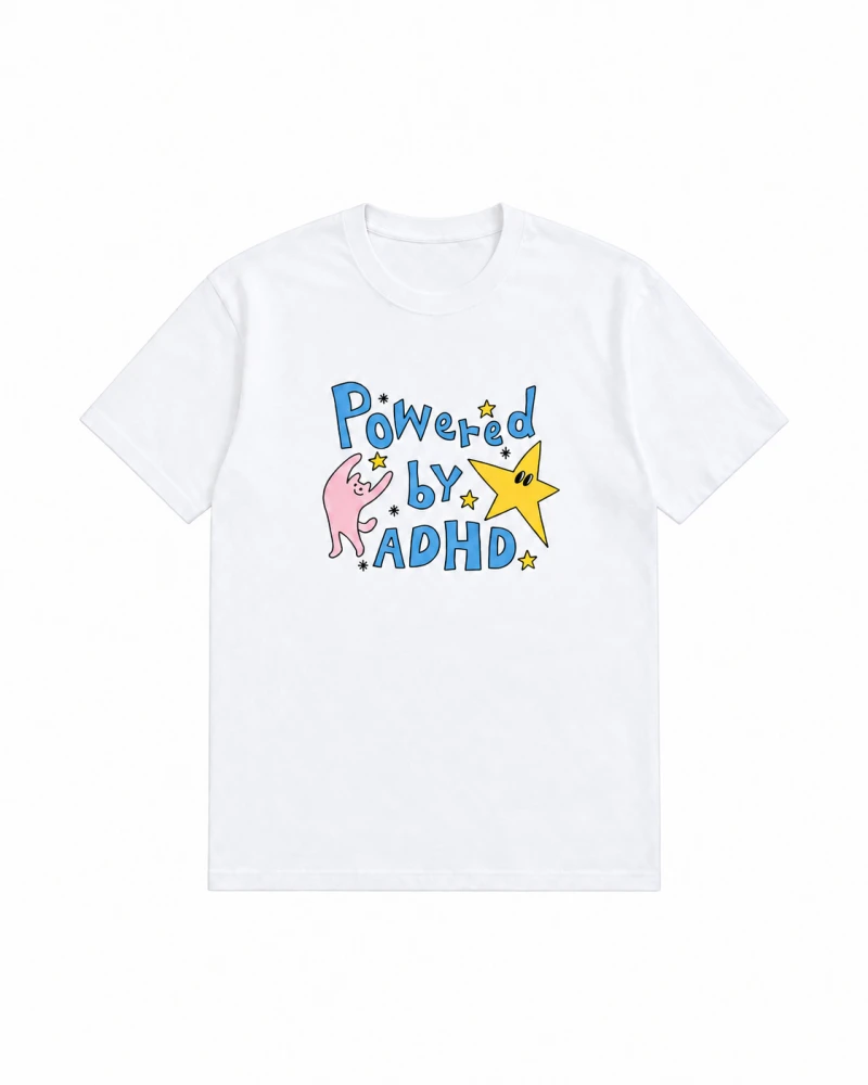 White cotton T-shirt with compact colorful lettering and character front print