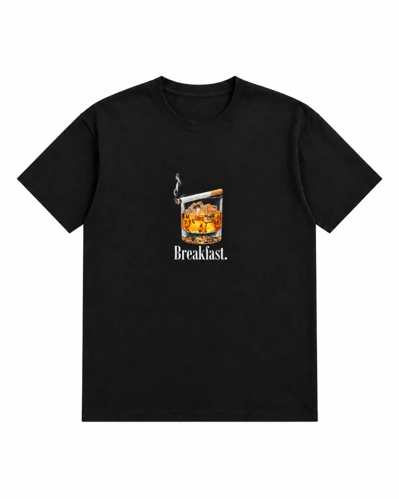 Black cotton T-shirt with small glass illustration and breakfast. front print