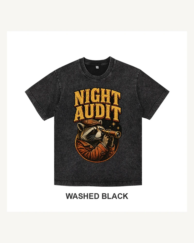 Complete washed black T-shirt featuring Night Audit Raccoon Graphic T-shirt