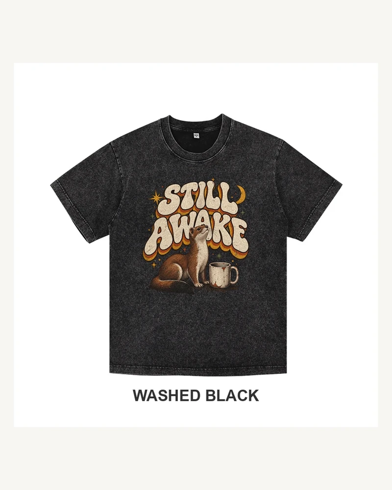 Complete washed black T-shirt featuring Still Awake Stoat Coffee T-shirt