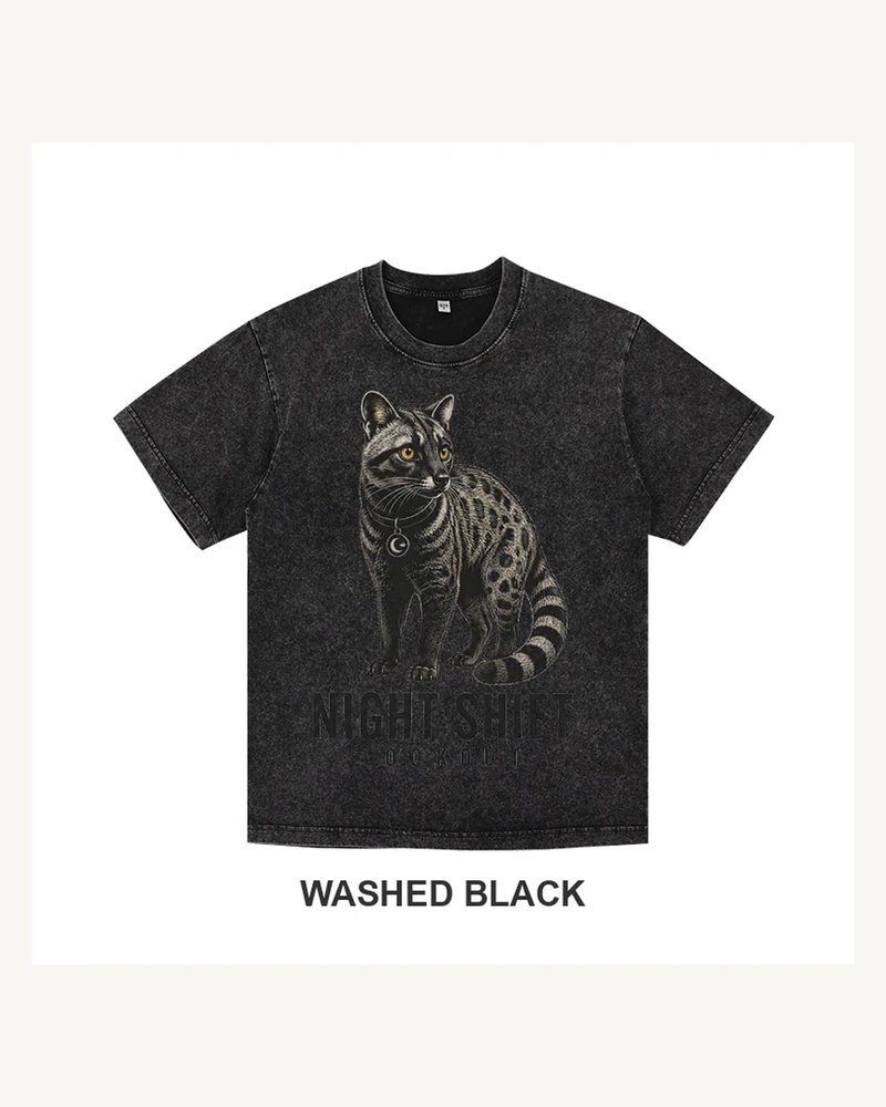 Complete washed black T-shirt featuring Night Shift Lookout Civet T-shirt