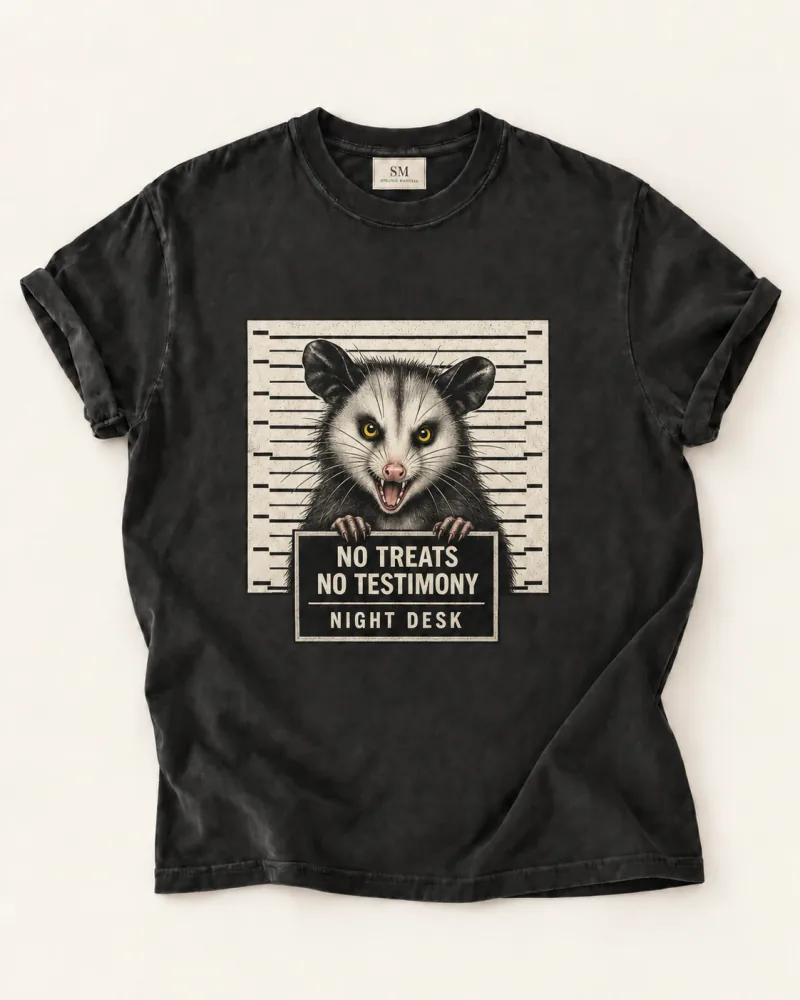 Complete washed black T-shirt featuring No Treats Opossum Night Desk T-shirt