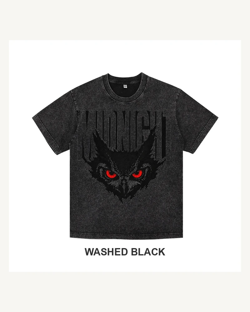 Complete washed black T-shirt featuring Midnight Owl Eyes Graphic T-shirt