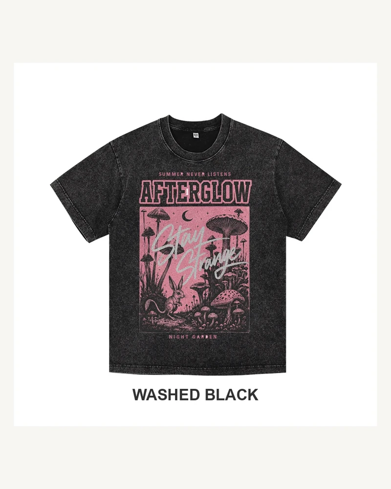 Complete washed black T-shirt featuring Afterglow Mushroom Garden T-shirt