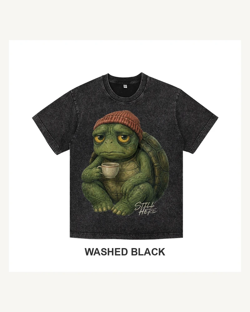 Complete washed black T-shirt featuring Still Here Tortoise Graphic T-shirt