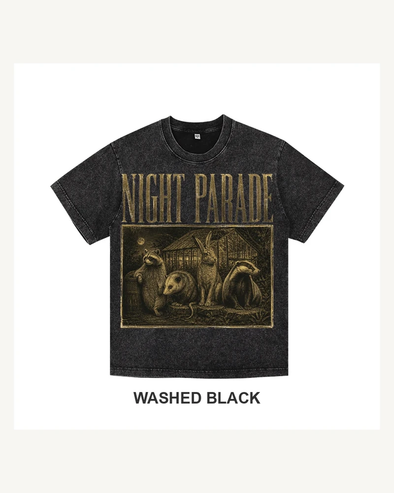 Complete washed black T-shirt featuring Night Parade Greenhouse T-shirt