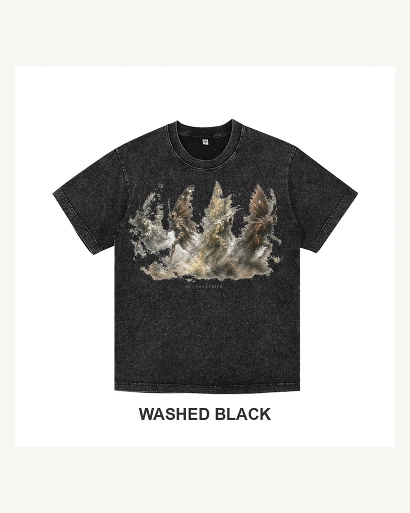 Complete washed black T-shirt featuring Out Past Curfew Moth Spirits T-shirt