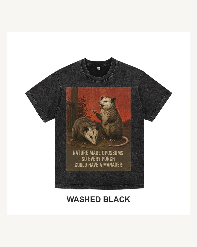 Complete washed black T-shirt featuring Porch Manager Opossums T-shirt