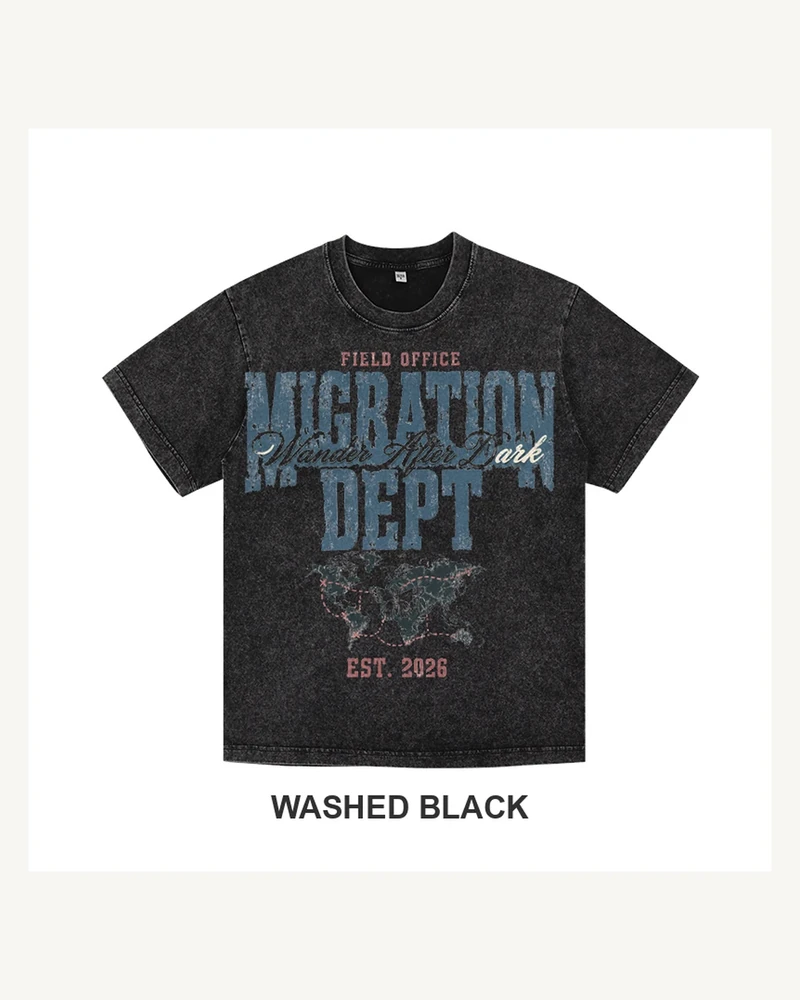 Complete washed black T-shirt featuring Migration Department Moth Map T-shirt