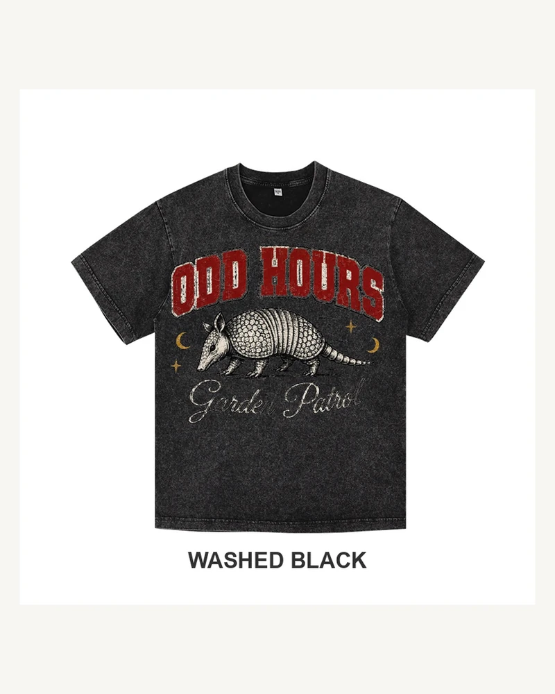 Complete washed black T-shirt featuring Odd Hours Armadillo Patrol T-shirt