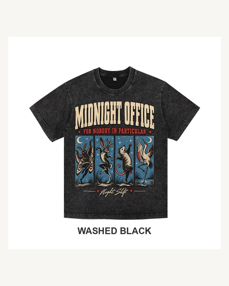 Complete washed black T-shirt featuring Midnight Office Cryptid Dance T-shirt