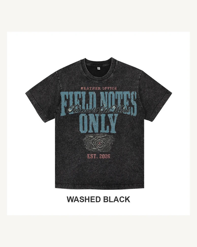 Complete washed black T-shirt featuring Weather Office Field Notes T-shirt