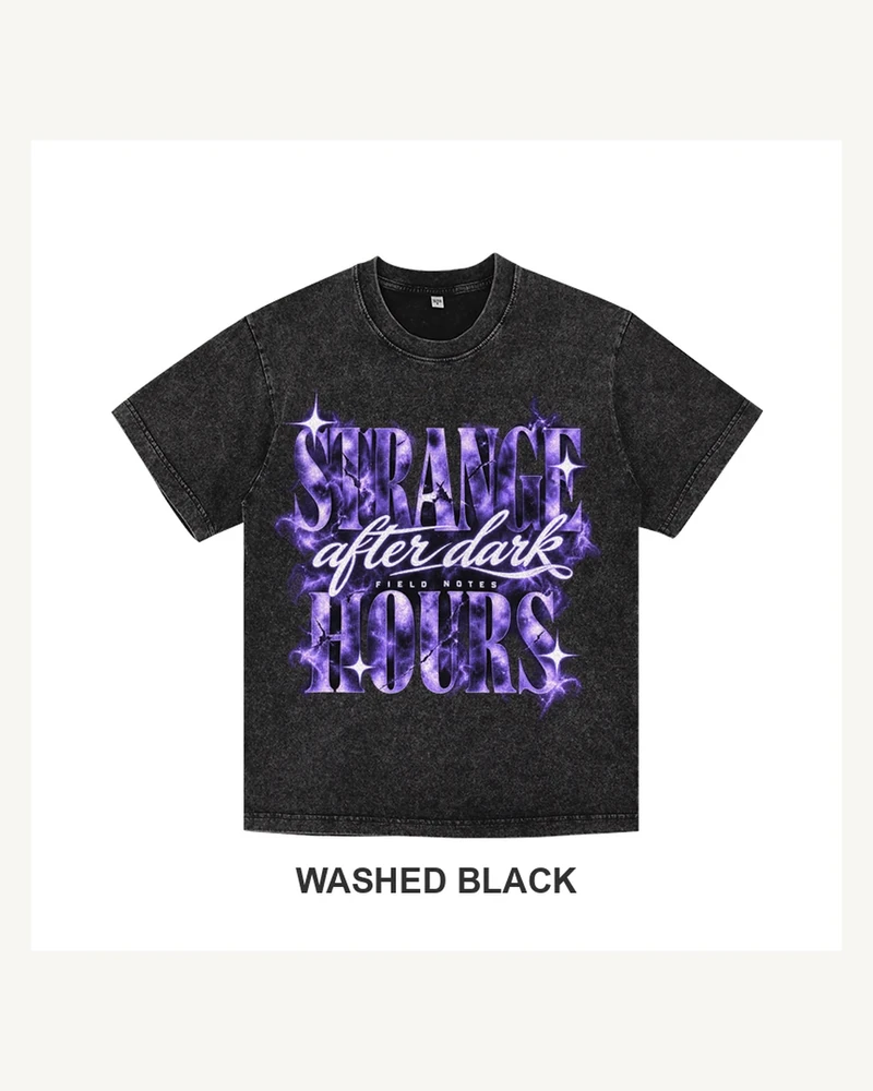 Complete washed black T-shirt featuring Strange After Dark Hours T-shirt