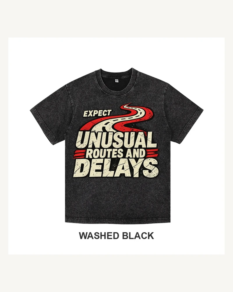 Complete washed black T-shirt featuring Unusual Routes and Delays T-shirt