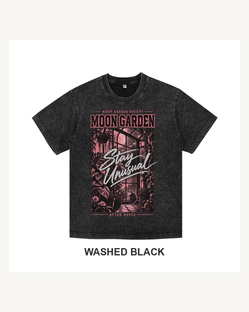 Complete washed black T-shirt featuring Moon Garden Society T-shirt