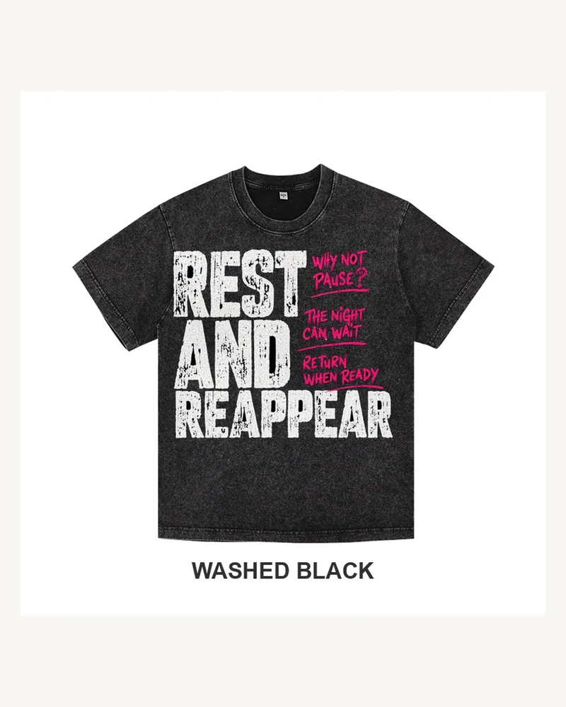 Complete washed black T-shirt featuring Rest and Reappear T-shirt