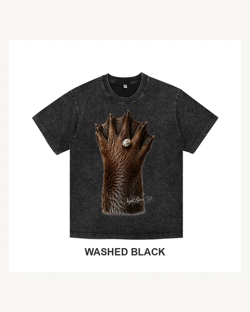 Complete washed black T-shirt featuring Night River Otter Paw T-shirt