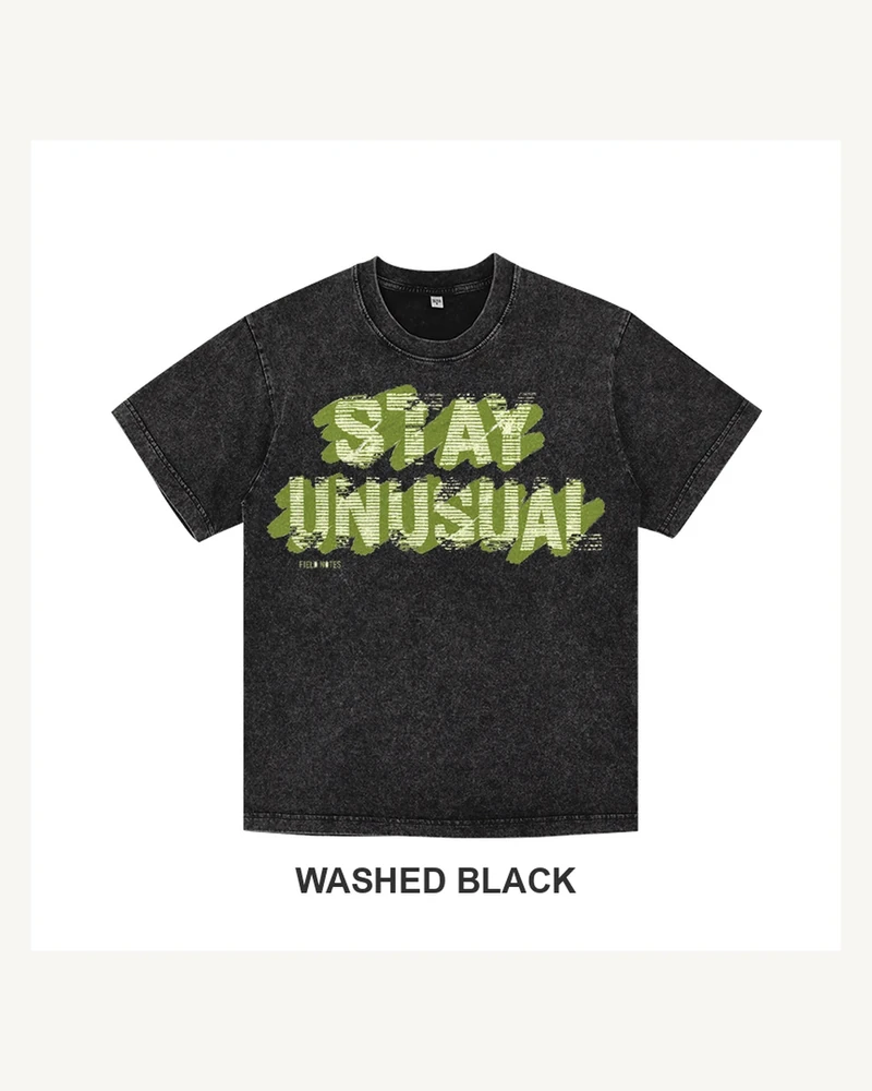 Complete washed black T-shirt featuring Stay Unusual Field Notes T-shirt