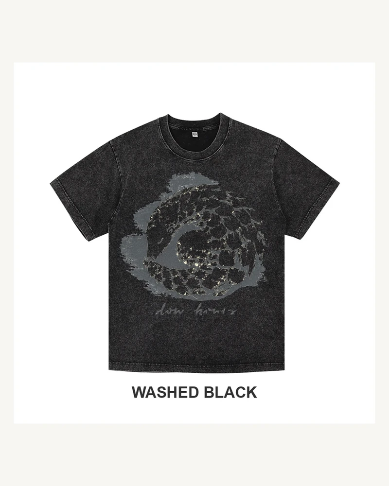 Complete washed black T-shirt featuring Slow Hours Pangolin T-shirt