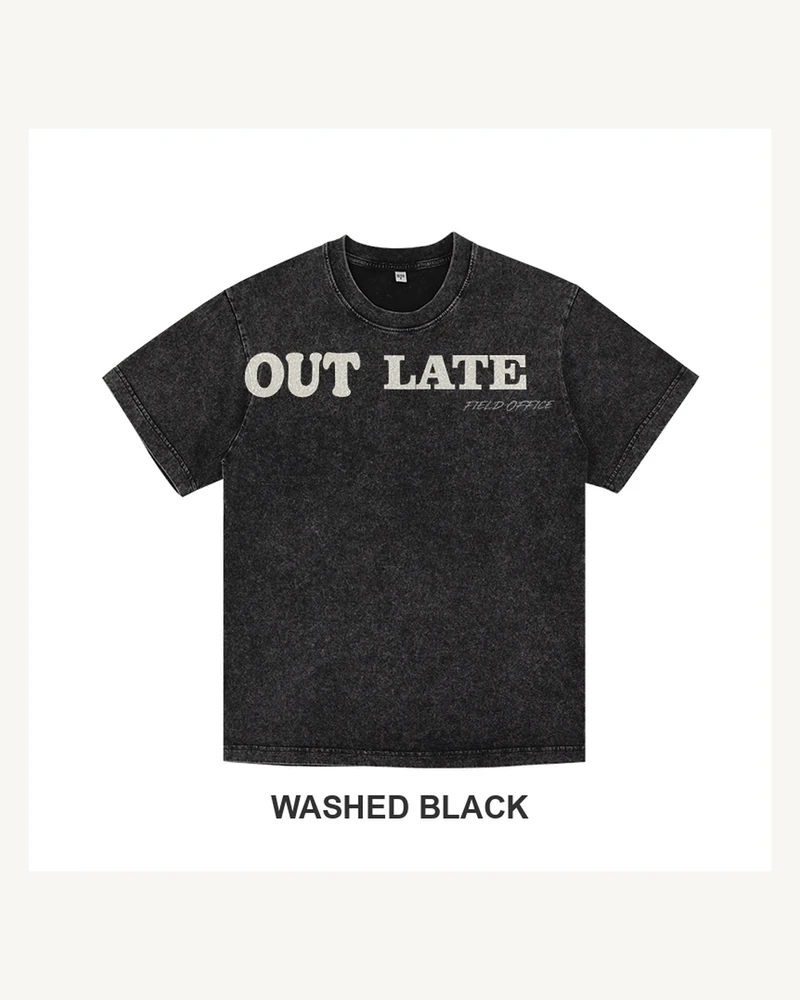 Complete washed black T-shirt featuring Out Late Field Office T-shirt