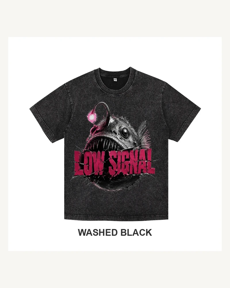 Complete washed black T-shirt featuring Low Signal Anglerfish T-shirt