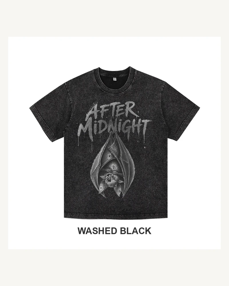 Complete washed black T-shirt featuring After Midnight Sleeping Bat T-shirt