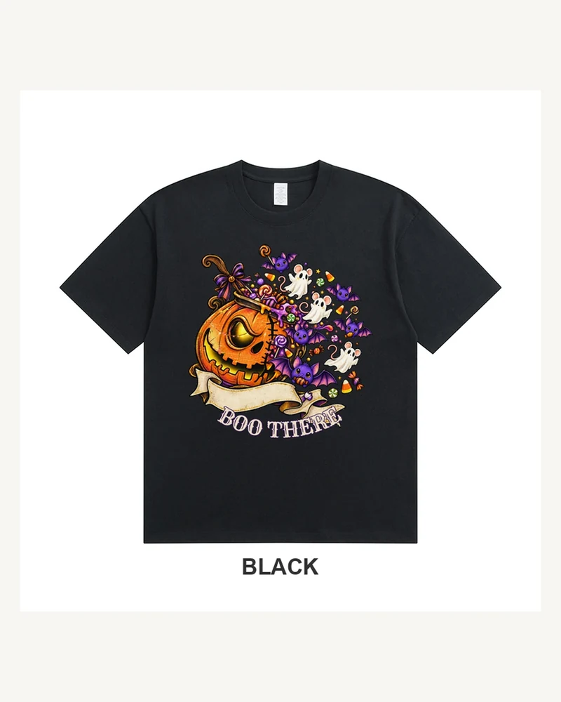 Black T-shirt with a pumpkin cauldron, four ghost mice and curved Boo There lettering