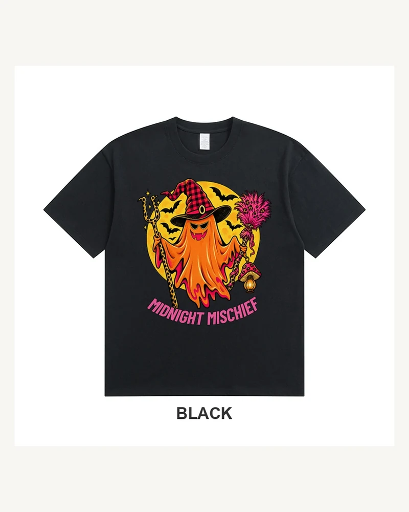 Black T-shirt with a colorful ghost musician inside a golden moon and Midnight Mischief text