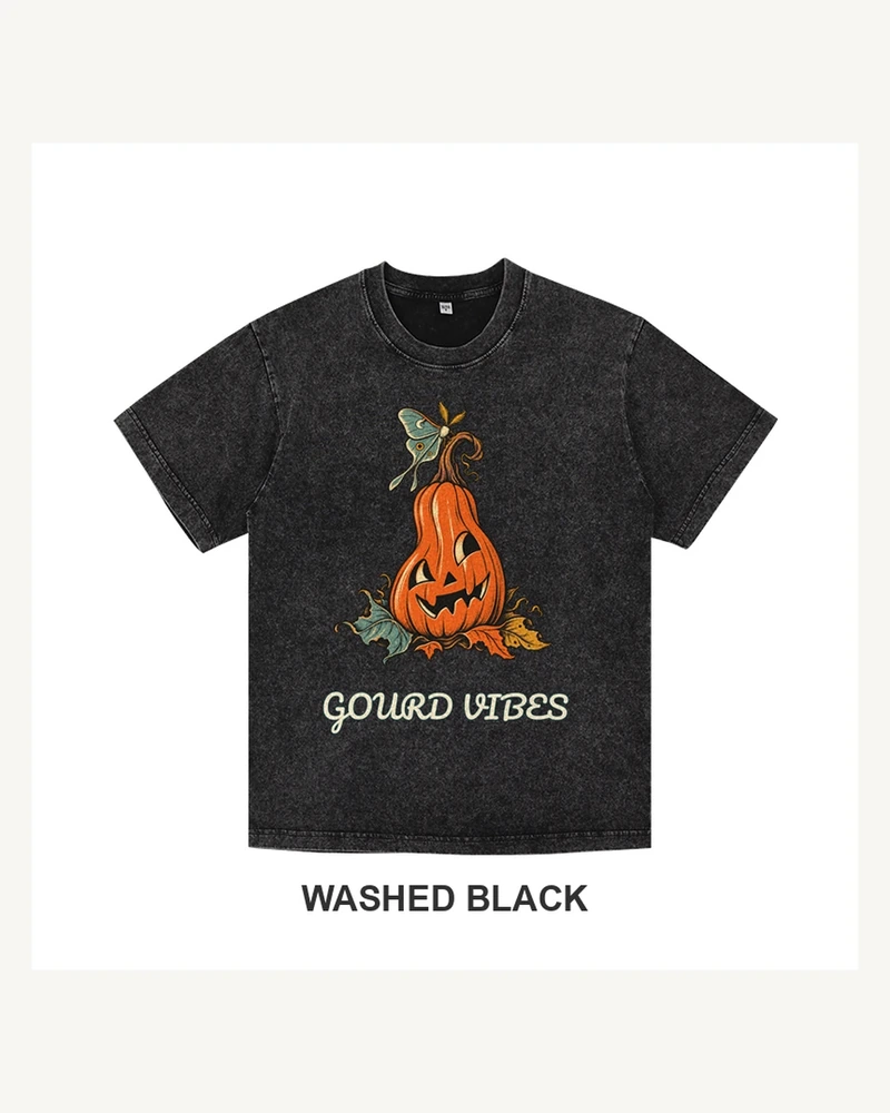 Washed black T-shirt with a vintage Gourd Vibes pumpkin lantern and luna moth graphic