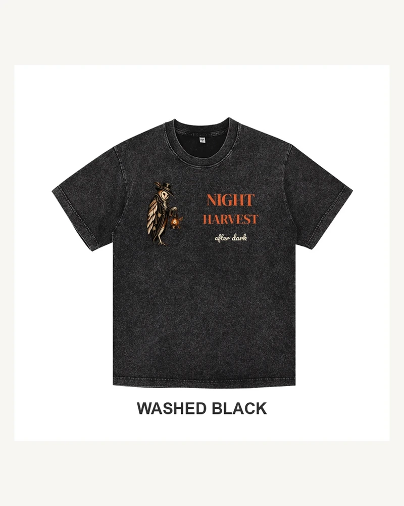 Washed black T-shirt with a vintage Night Harvest barn owl, lantern and moth graphic