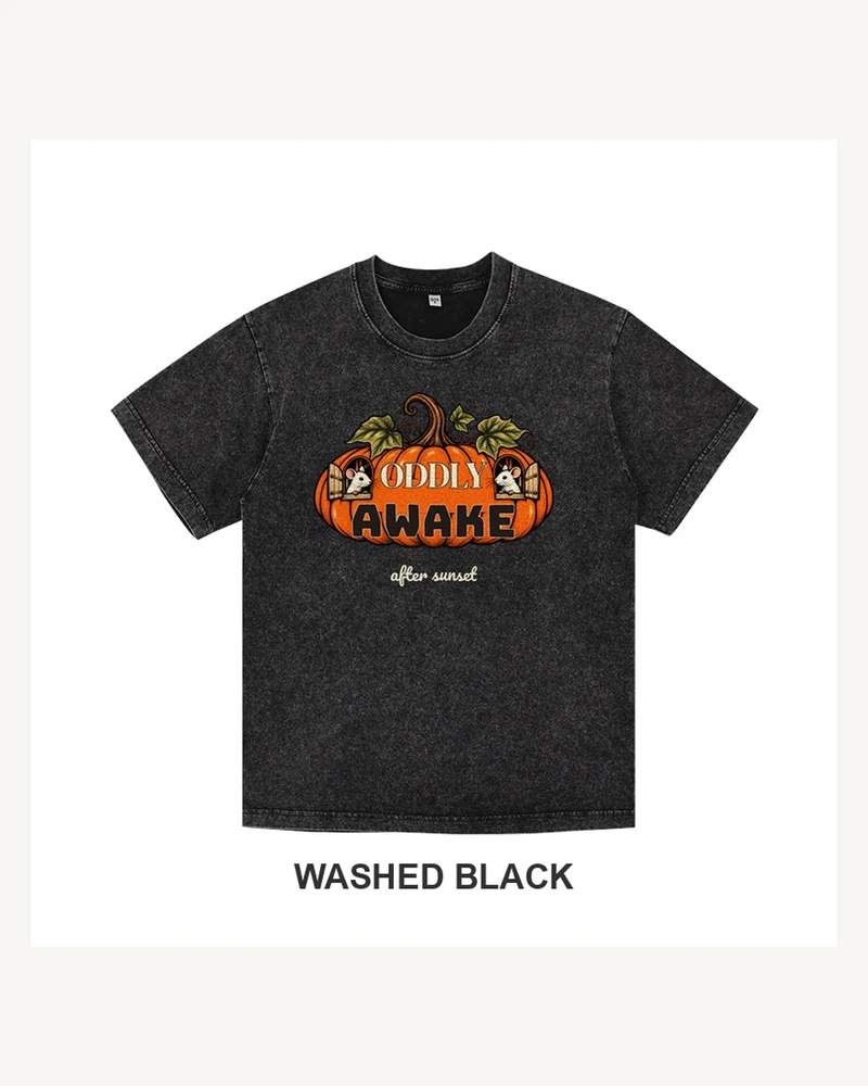 Washed black T-shirt with an Oddly Awake pumpkin greenhouse and two mice graphic