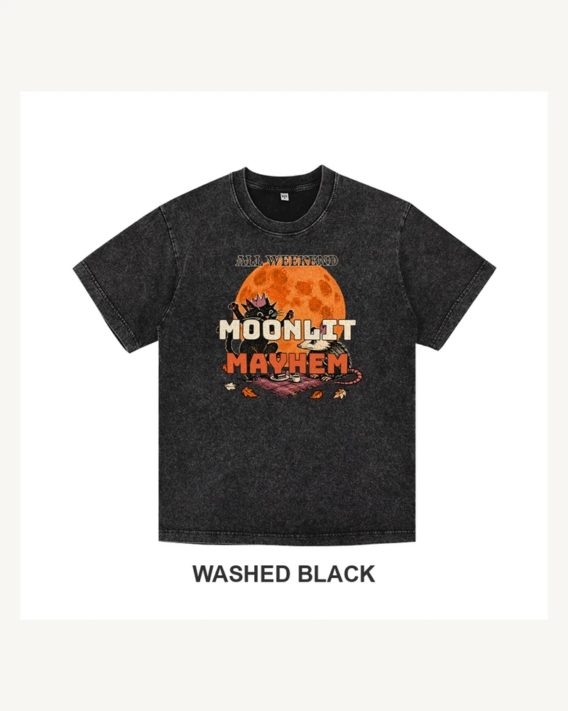 Washed black T-shirt with Moonlit Mayhem cat and opossum Halloween picnic graphic