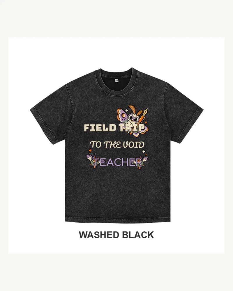 Washed black T-shirt with Field Trip to the Void moth librarian and book-bat graphic