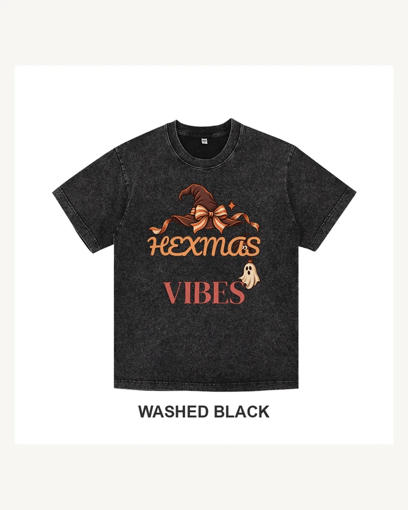 Washed black cotton T-shirt with Hexmas Vibes witch hat and ornaments graphic